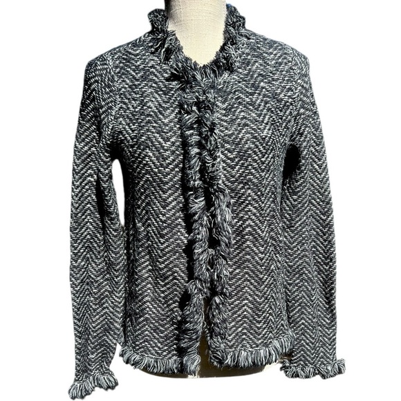 🌻Chico's Soft Tweed Wool Blend Blazer Jacket Cardigan Fringe Trim Size Small - Picture 2 of 11